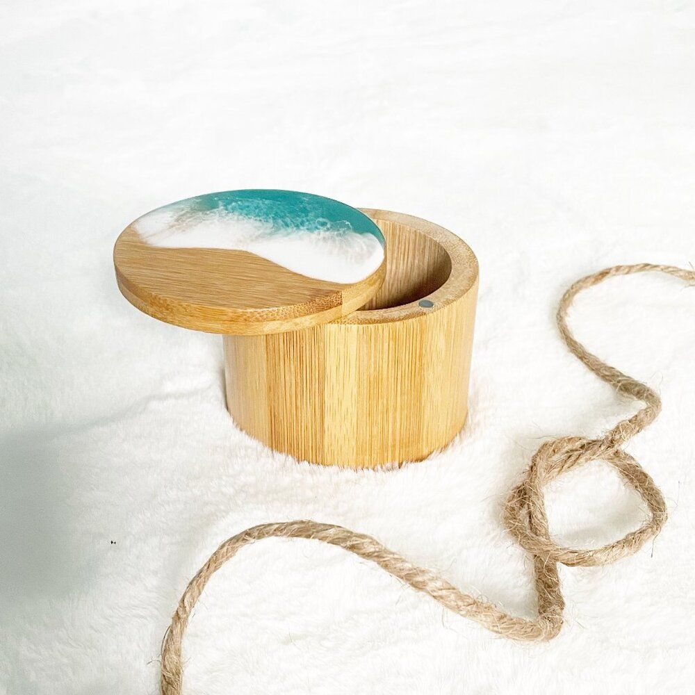Handmade Ocean Wave Salt Cellar Coastal Resin Wood Salt Box Beach Kitchen Decor